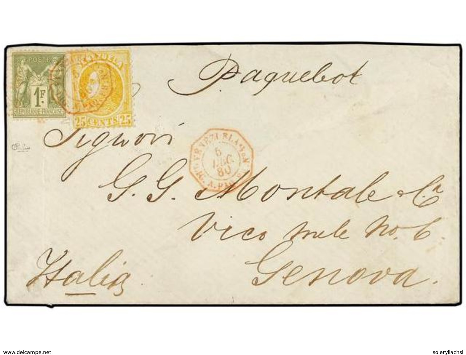 VENEZUELA. 1880 (5 Dec.). VENEZUELA A GENOVA (Italia). Circulada Con Sello De Venezuela De 25 Cent. Amarillo Y Sello Fra - Otros & Sin Clasificación