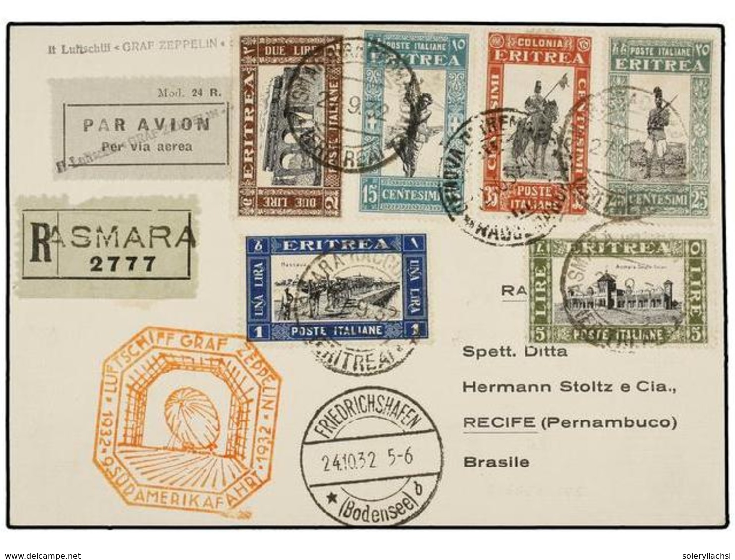 ZEPPELIN. 1932 (24-X). ERITREA. ASMARA A BRASIL. Tarjeta Postal Circulada Por GRAF ZEPPELIN Marca Del Vuelo En Color Nar - Other & Unclassified