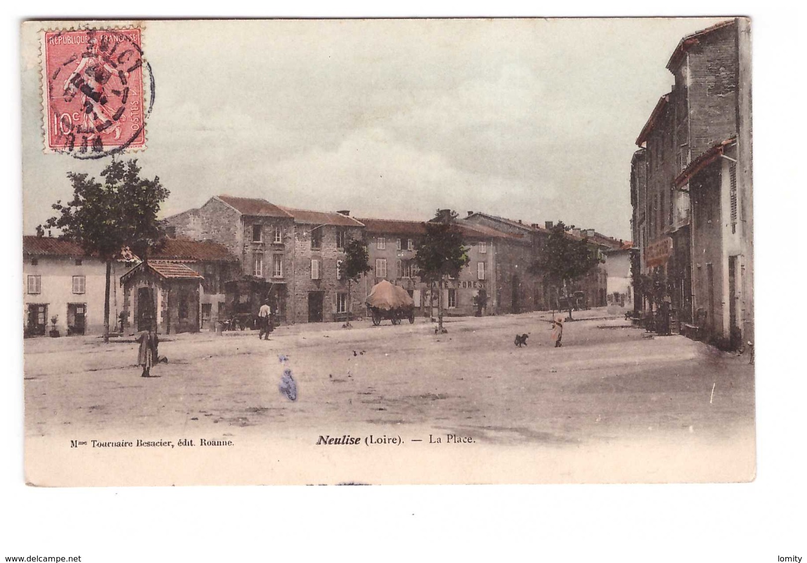 42 Neulise La Place Cpa Carte Animée Colorisée écrite En 1907 - Autres & Non Classés