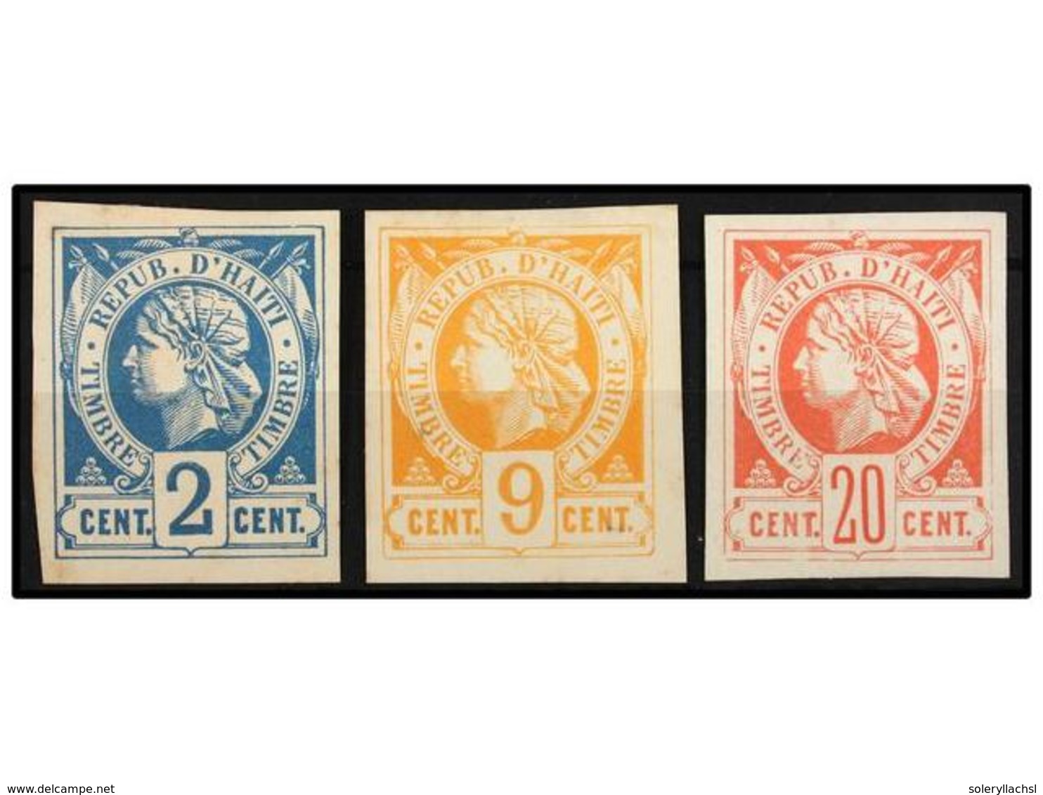HAITI. 1881. ENSAYOS De Los Valores De 2 Cents. Azul, 9 Cents. Amarillo Y 20 Cts. Rojo Formato Más Grande Para Sellos Fi - Other & Unclassified