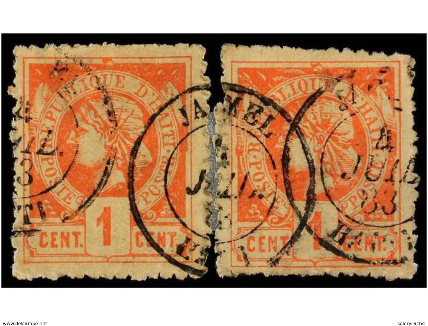 ° HAITI. Sc.1. 1881. 1 Cto. PERFORACIÓN PRIVADA 12,75 (la Perforación Oficial Fue De 13,5). Dos Sellos Procedentes De Un - Other & Unclassified