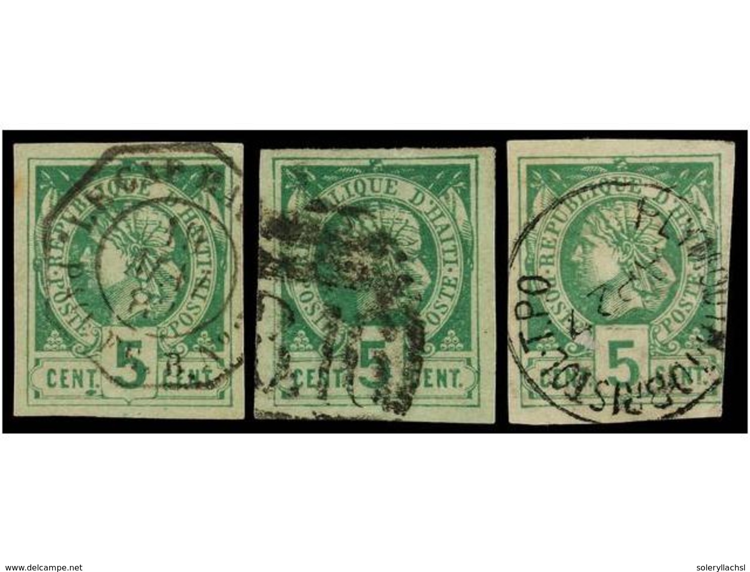 ° HAITI. Sc.4 (3). 1881. 5 Cents. Verde. 3 Sellos, Mat. Octogonal LE CAP HAITIEN/PAQ. FR. F. B 16 (Plymouth A Bristol TP - Andere & Zonder Classificatie