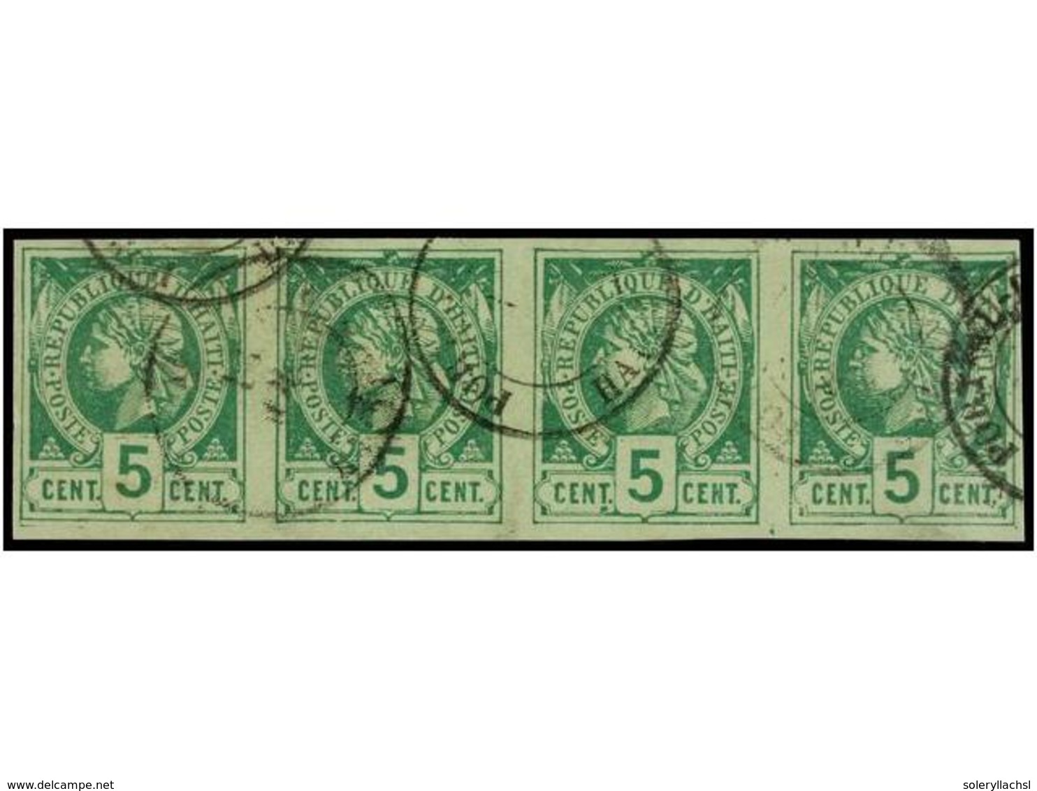 ° HAITI. Sc.4. 1881. 5 Cents. Verde. Tira De Cuatro, Mat. PORT AU PRINCE/HAITI. PRECIOSA. - Sonstige & Ohne Zuordnung