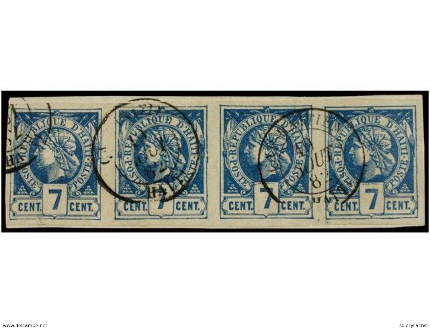 HAITI. Sc.5 (4). 1881. 7 Cents. Azul. Tira De Cuatro Sobre Pequeño Fragmento, Mat. CAP-HAITIEN/HAITI. PRECIOSA. - Otros & Sin Clasificación