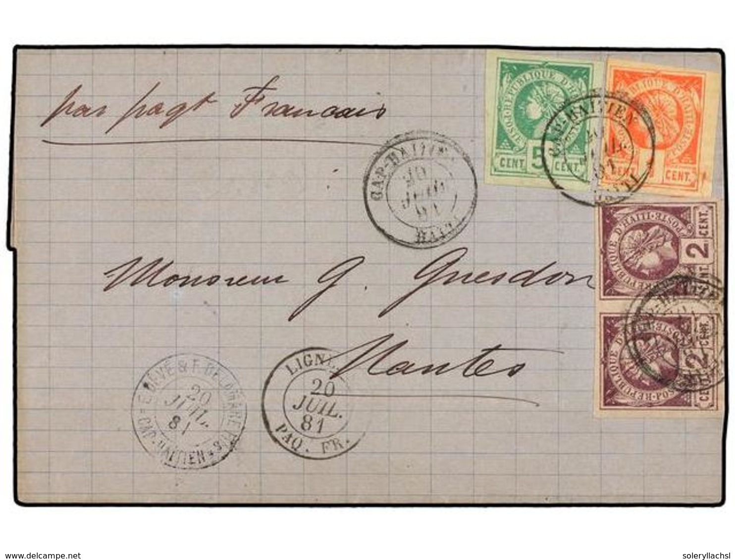 HAITI. Sc.1 + 2 (2), 4. 1881 (20 Julio). CAP HAITIEN A FRANCIA. 1 Cto. Rojo, 2 Cts. Violeta (2) Y 5 Cts. Verde, Mat. CAP - Other & Unclassified