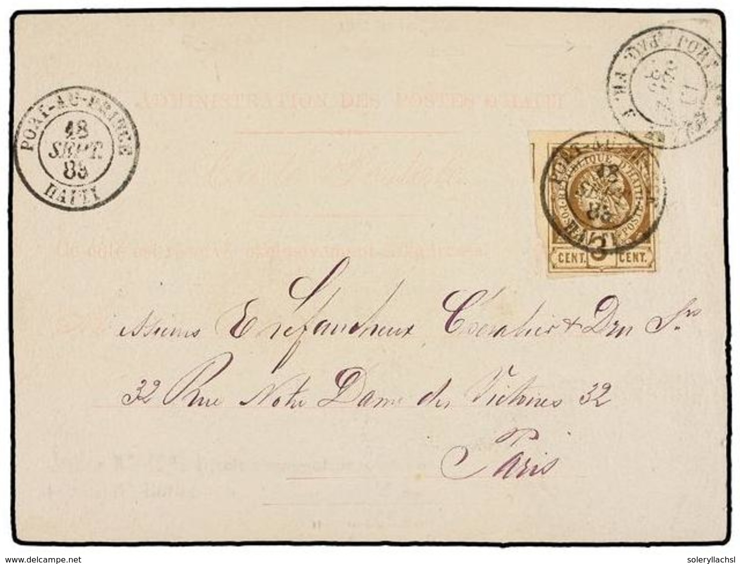 HAITI. Sc.3. 1883. PORT AU PRINCE A PARÍS. Tarjeta Postal Oficial Con Sello De 3 Cts. Castaño, Mat. PORT AU PRINCE, Al D - Other & Unclassified