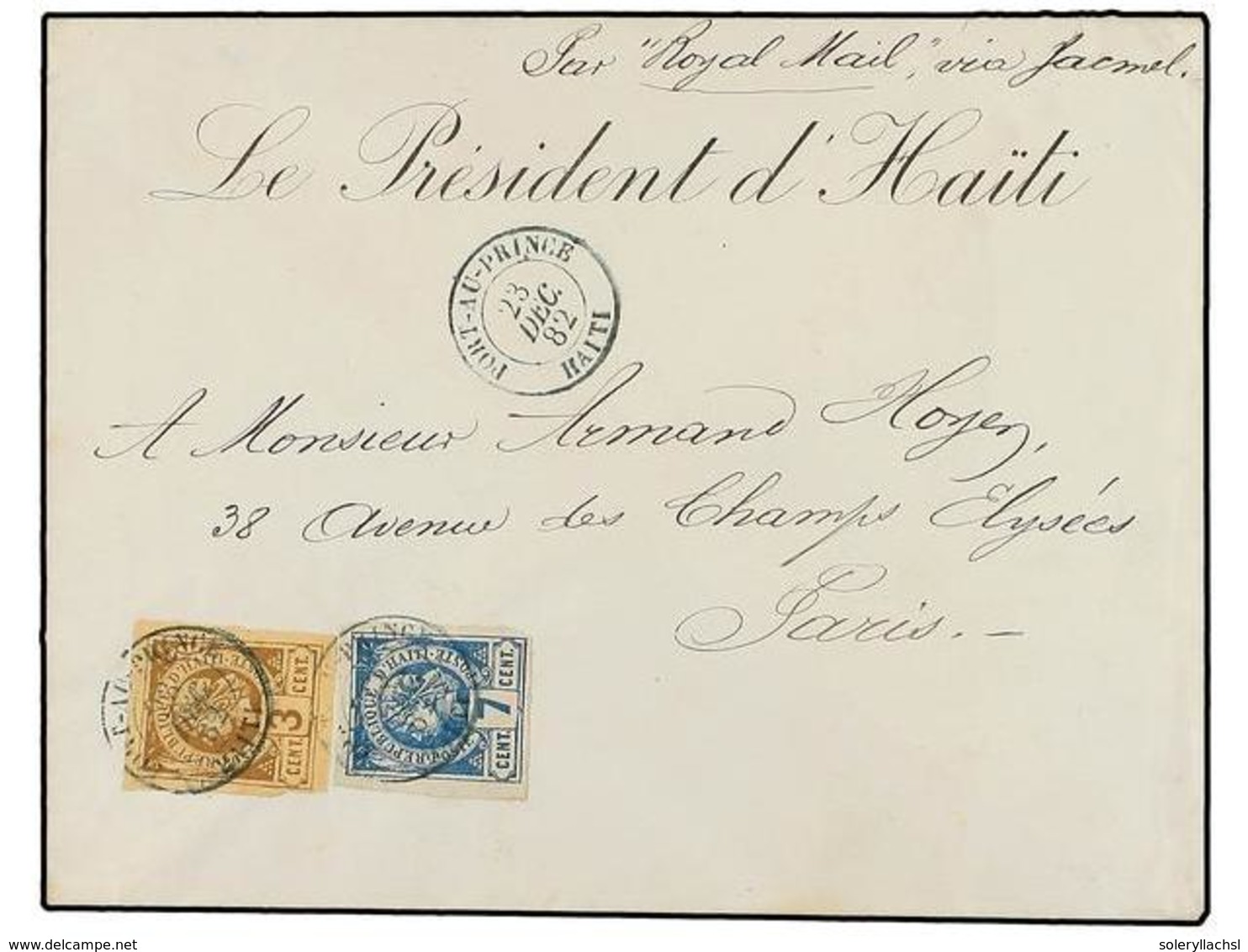 HAITI. Sc.3, 5. 1882 (23 Diciembre). PORT AU PRINCE A PARÍS. 3 Cents. Castaño Y 7 Cents. Azul, Mat. Fechador De PORT AU  - Other & Unclassified