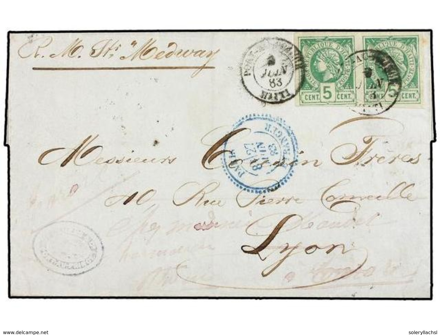 HAITI. Sc.4 (2). 1883. PORT AU PRINCE A LYON Y Reexpedida A TARARE. 5 Cents. Verde Pareja, Mat. PORT AU PRINCE/HAITI Cir - Autres & Non Classés