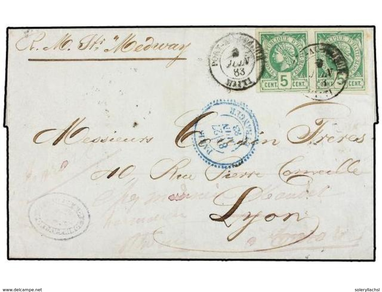 HAITI. Sc.4 (2). 1883. PORT AU PRINCE A LYON Y Reexpedida A TARARE. 5 Cents. Verde Pareja, Mat. PORT AU PRINCE/HAITI Cir - Sonstige & Ohne Zuordnung