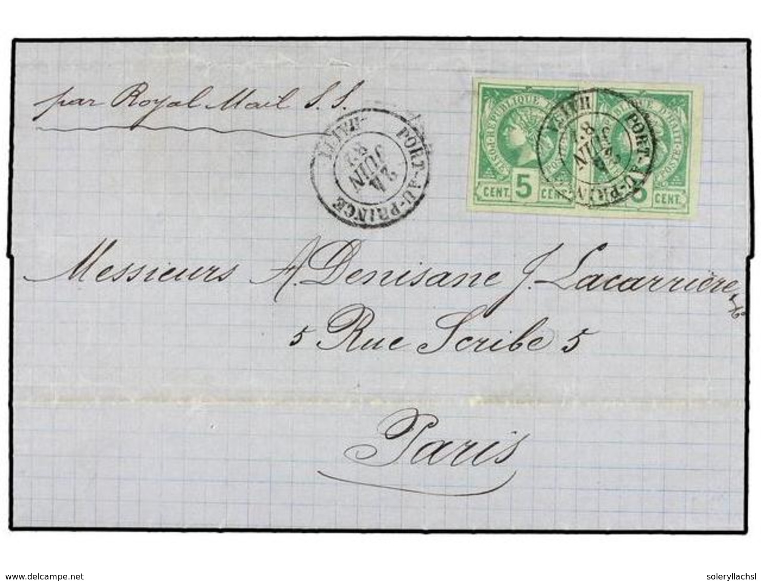 HAITI. Sc.4 (2). 1882. PORT AU PRINCE A PARÍS. 5 Cents. Verde, Pareja, Mat. PORT AU PRINCE/HAITI Circulada Por La Royal  - Otros & Sin Clasificación