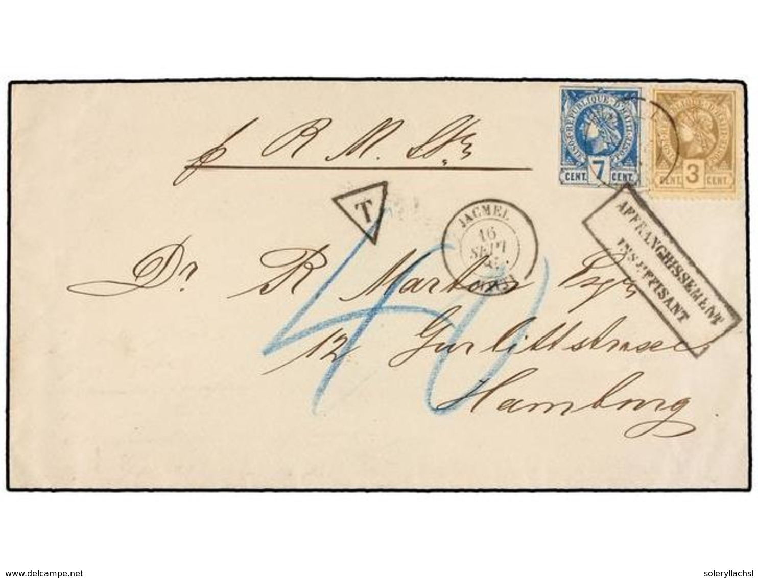 HAITI. Sc.5, 9. 1885. JACMEL A HAMBURG (Alemania). 3 Cents. Castaño Perf. Y 7 Cent. Azul, Mat. JACMEL/HAITI. Marca AFFRA - Other & Unclassified