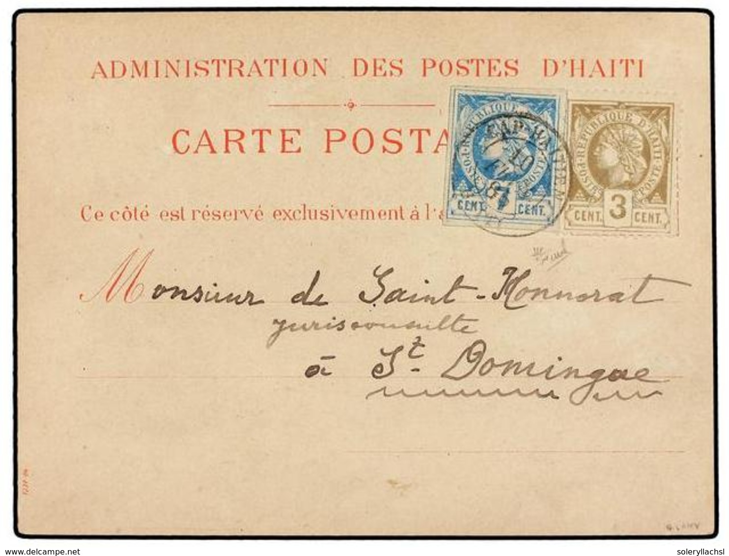 HAITI. Sc.5, 9. 1885. CAP HAITIEN A STO. DOMINGO. Tarjeta Postal Oficial Con Franqueo De 3 Cents. Castaño Perforado Y 7  - Other & Unclassified