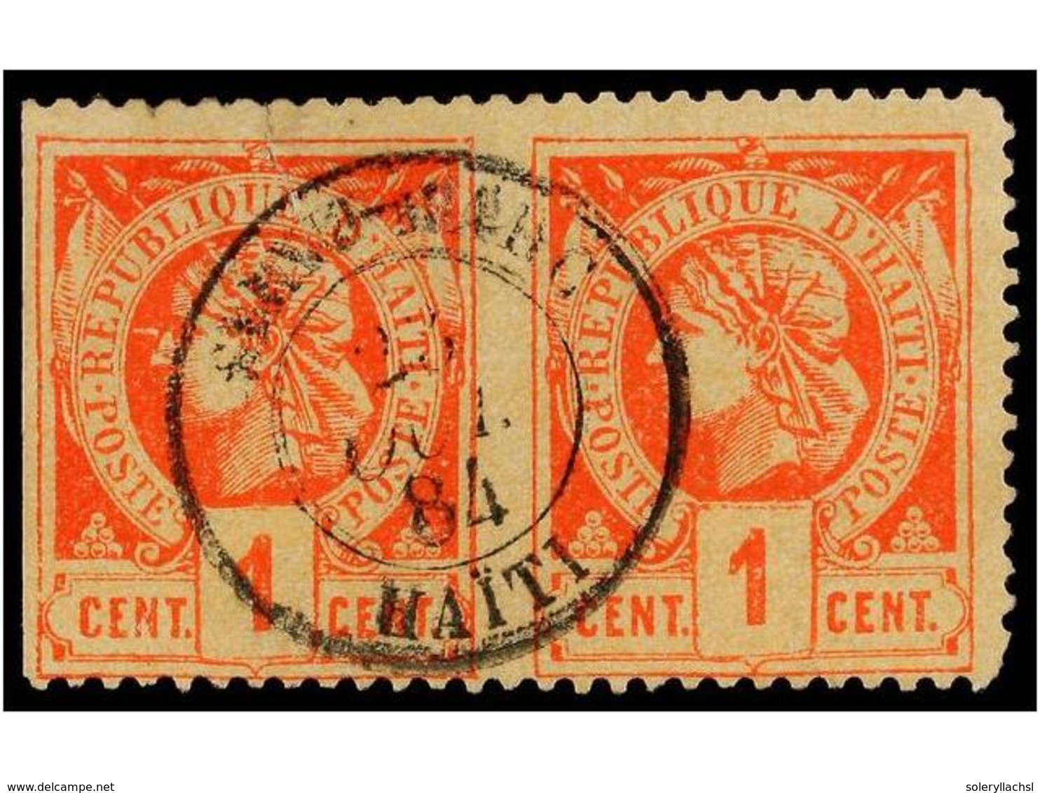 ° HAITI. Sc.7. 1882. 1 Cto. Vermellón. Pareja SIN DENTAR EN MEDIO, Sello De La Derecha Dentado Vertical Cortado A Tijera - Other & Unclassified