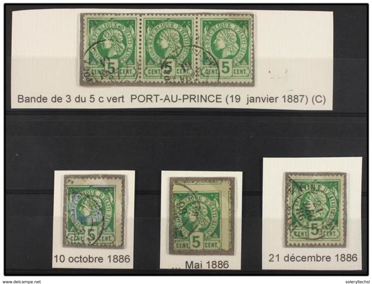 ° HAITI. Sc.10b (3). 1885. 5 Cent. Verde, Pl. III. Tres Sellos En Usado Y Una Tira De Tres. - Autres & Non Classés