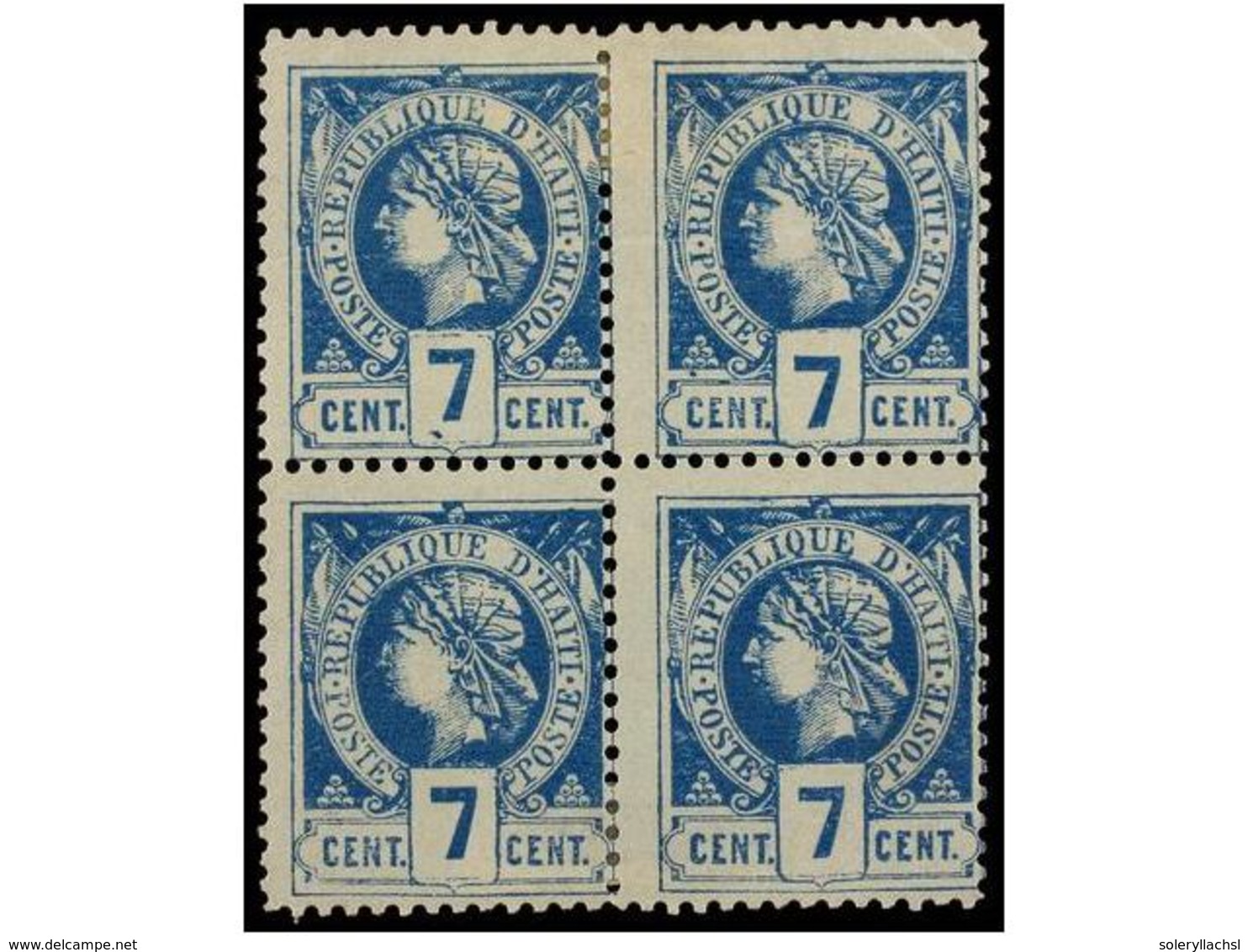 (*) HAITI. Sc.11 (4). 1885. 7 Cts. Azul Oscuro, Pl. II, 1ª Tirada. Bloque De Cuatro, Múltiple Más Grande Conocido De Est - Autres & Non Classés