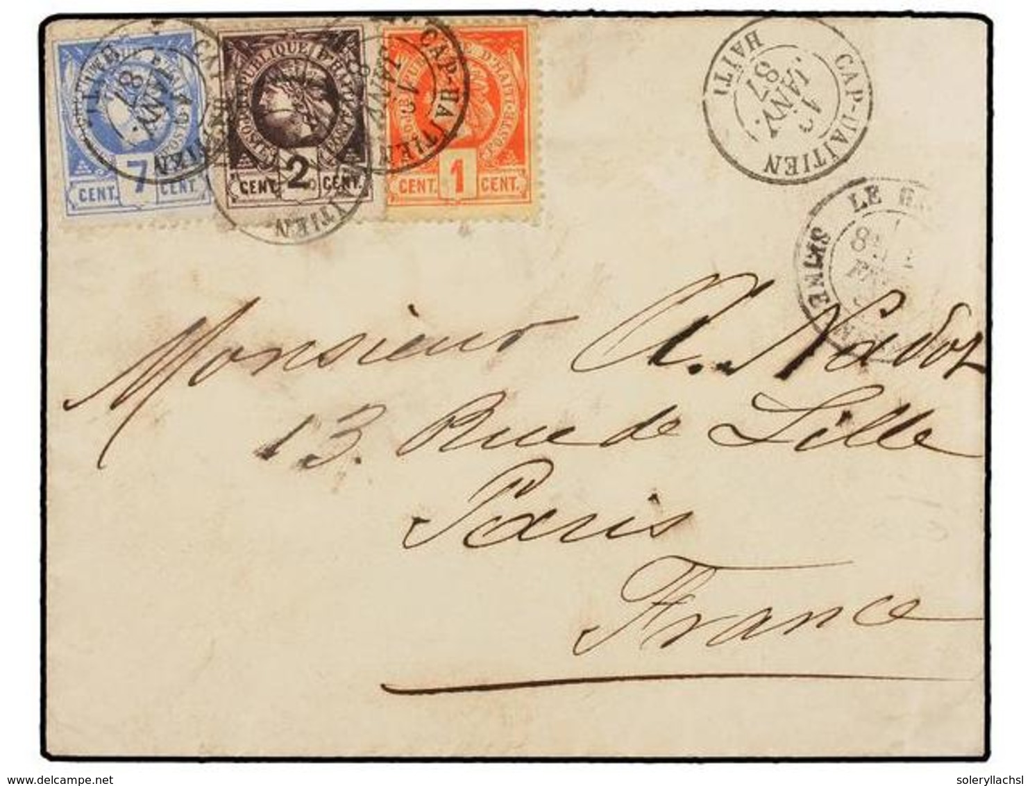 HAITI. Sc.8d, 12, 18. 1887. CAP HAITIEN A FRANCIA. 1 Cto. Rojo (nuevas Planchas 1886), 2 Cts. Violeta (plancha III) Y 7  - Other & Unclassified