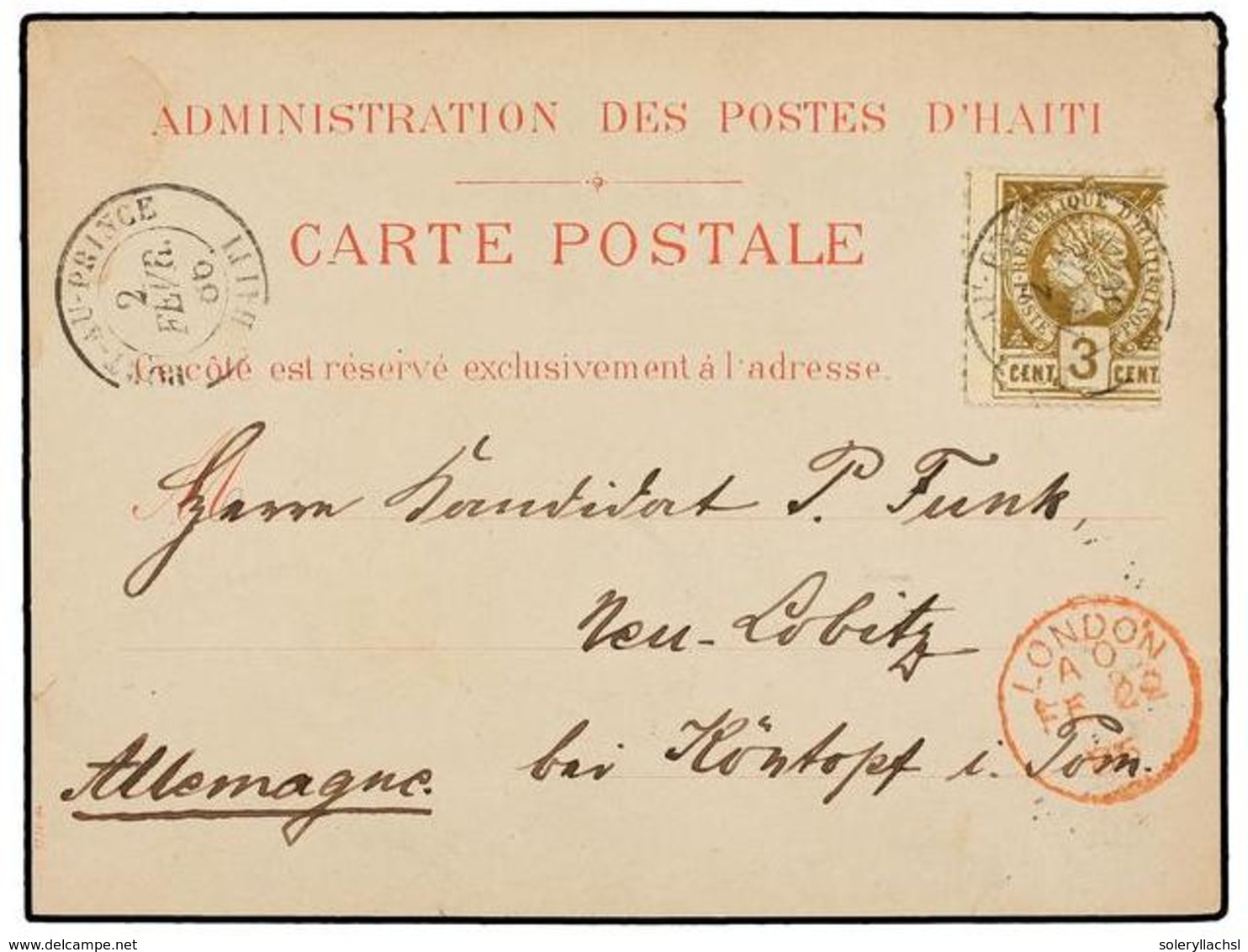 HAITI. Sc.9. 1886. PORT AU PRINCE A ALEMANIA. Tarjeta Postal Oficial Franqueada Con Sello De 3 Cts. Bistre, Mat. PORT-AU - Autres & Non Classés