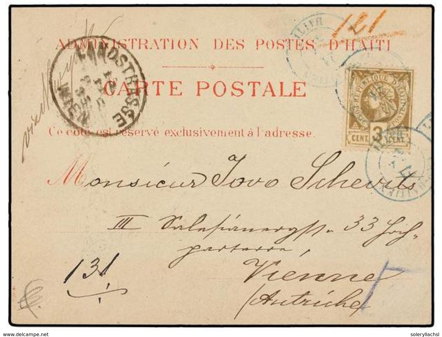 HAITI. Sc.9. 1885. CAP HAITIEN A VIENA (Austria). Tarjeta Postal Oficial Franqueada Con Sello De 3 Cts. Bistre, Mat. CAP - Andere & Zonder Classificatie