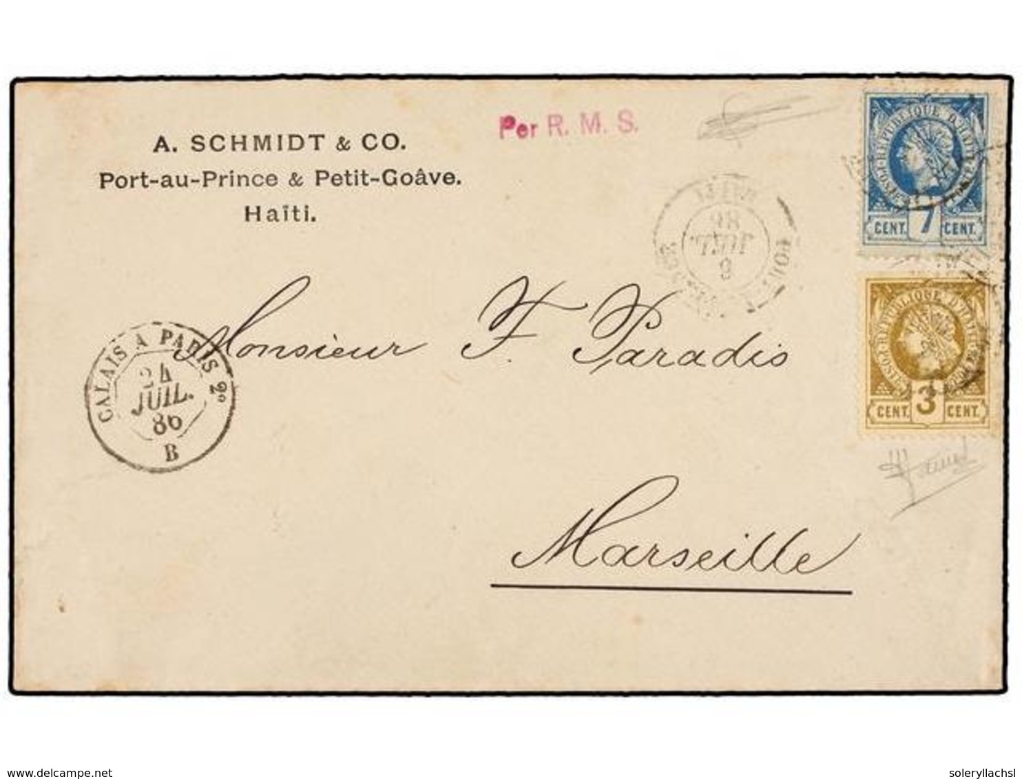 HAITI. Sc.9, 11. 1886. PORT AU PRINCE A FRANCIA. 3 Cts. Bistre Y 7 Cts. Azul, Pl. II 1ª Tirada. - Sonstige & Ohne Zuordnung