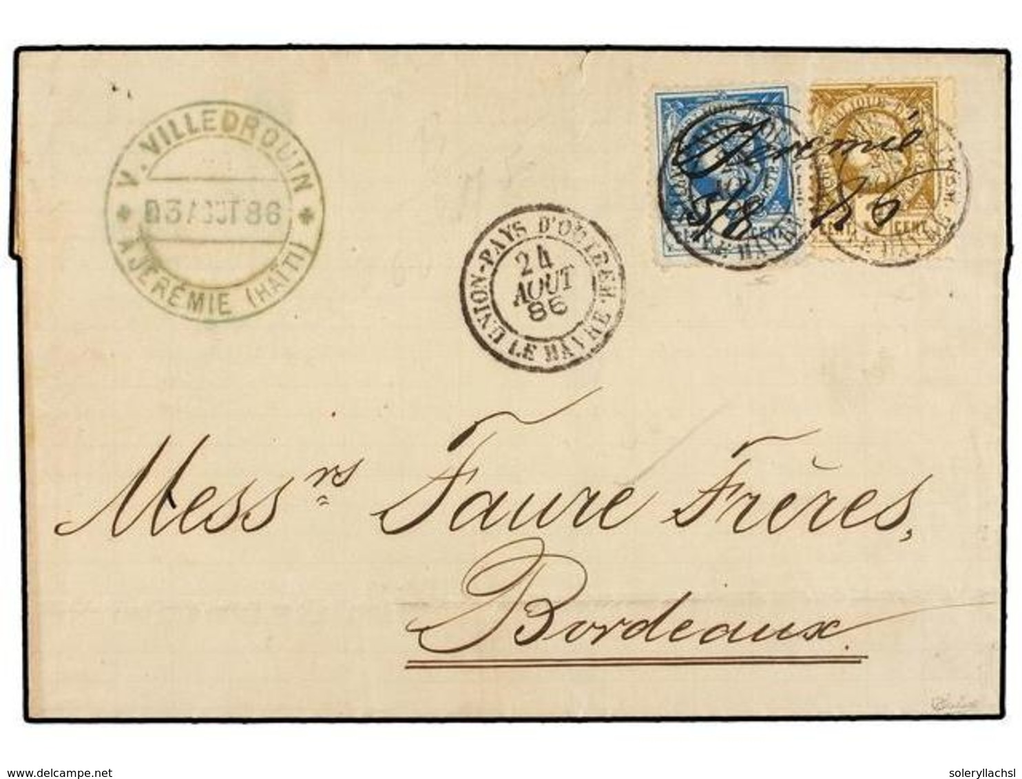 HAITI. Sc.9, 11. 1886. JEREMIE A BORDEAUX (Francia). 3 Cents. Bistre Y 7 Cts. Azul, Mat. Manuscrito 'JEREMIE/3/8/86' Y M - Autres & Non Classés