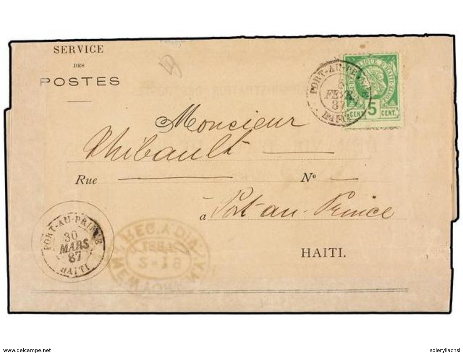 HAITI. Sc.10c. 1887. AVIS DE RECEPTION (Acuse De Recibo) De Una Carta Certificada Enviada De PORT AU PRINCE A HAMBURGO F - Otros & Sin Clasificación