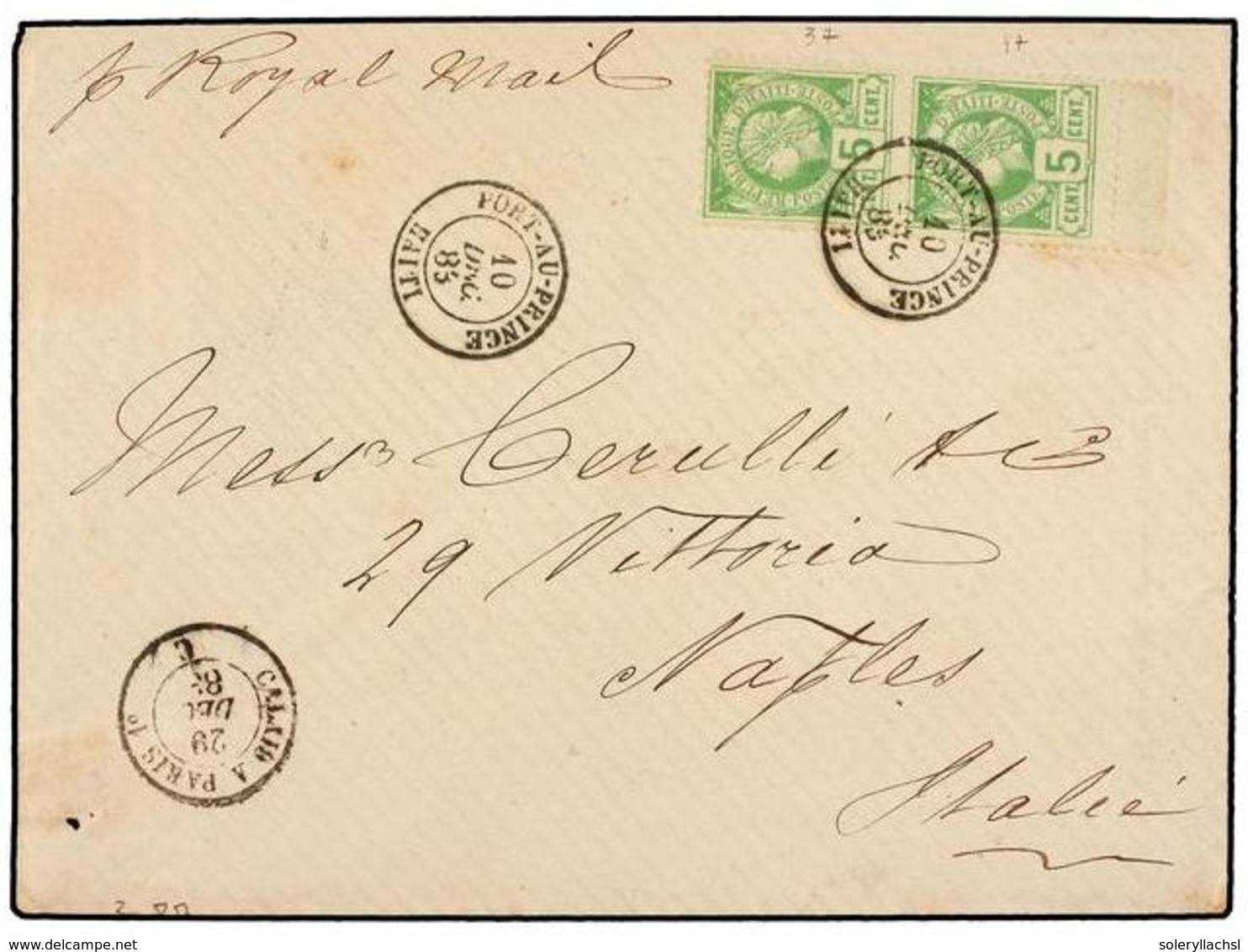 HAITI. Sc.10 (2). 1883 (10 Diciembre). PORT AU PRINCE A NÁPOLES (Italia). 5 Cts. Verde, Pl. II, 2ª Tirada, Mat. PORT-AU- - Other & Unclassified