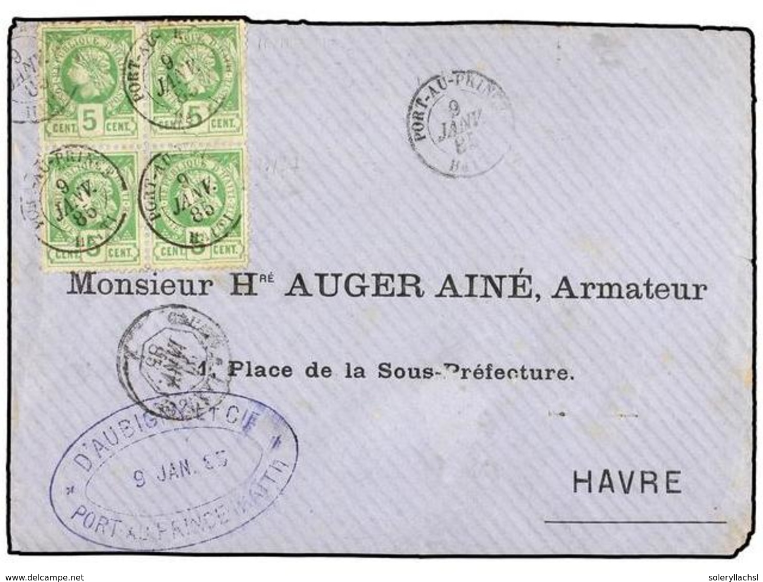 HAITI. Sc.10 (4). 1885. PORT AU PRINCE A LE HAVRE (Francia). 5 Cts. Verde, Pl. II, 2ª Tirada. Bloque De Cuatro, Mat. POR - Autres & Non Classés
