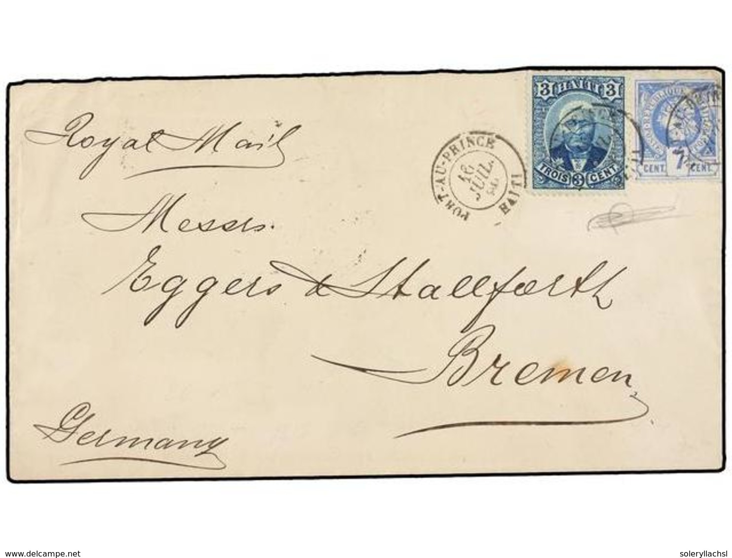 HAITI. Sc.12, 23. 1889. PORT AU PRINCE A BREMEN (Alemania). 7 Cts. Ultramar Y 3 Cts. Azul De La Emisión De Salomón, Mat. - Autres & Non Classés