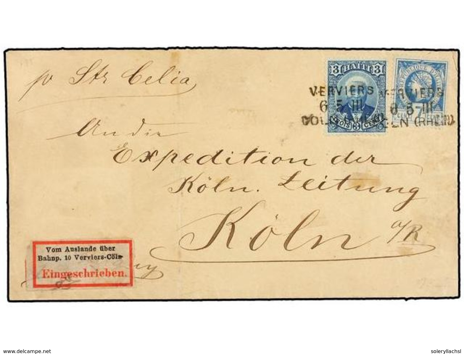 HAITI. Sc.12, 23. (1888 CA.). LES CAYES A KÖLN (Alemania). Carta Depositada Directamente En El Buque Alemán 'Celia' Circ - Autres & Non Classés