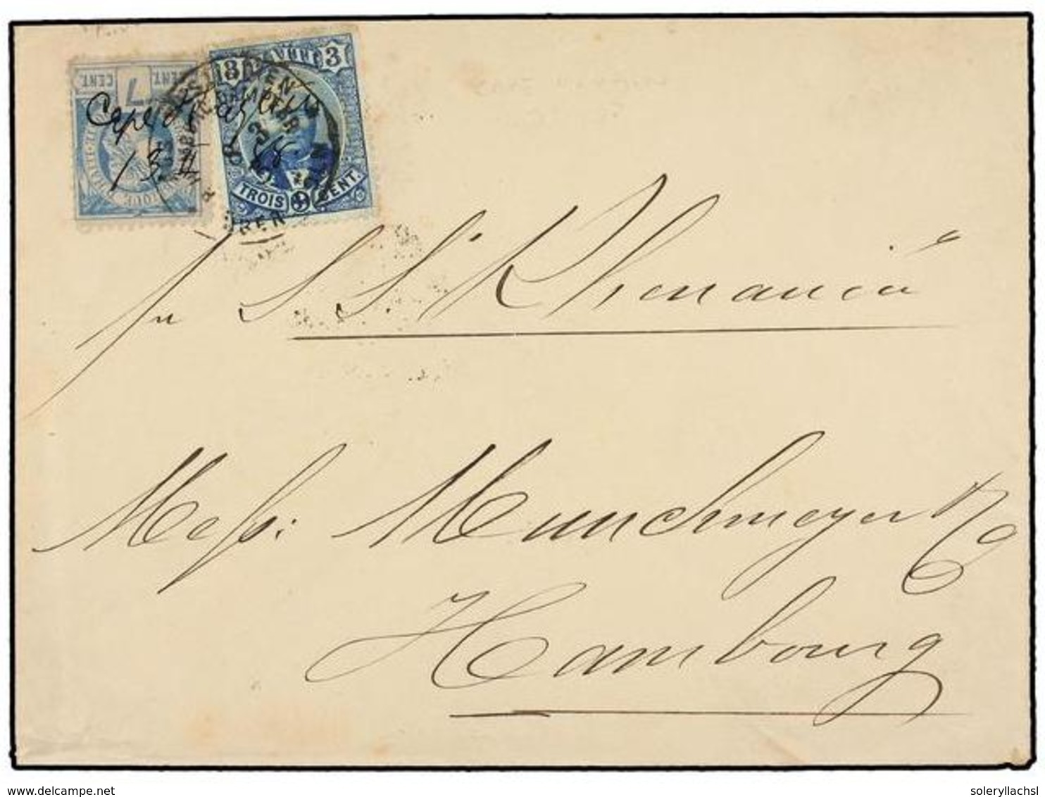 HAITI. Sc.12, 23. 1888. CAP HAITIEN A HAMBURGO (Alemania). 7 Cents. Azul Y 3 Cts. Azul De La Emisión De Salomón, Mat. Ma - Other & Unclassified