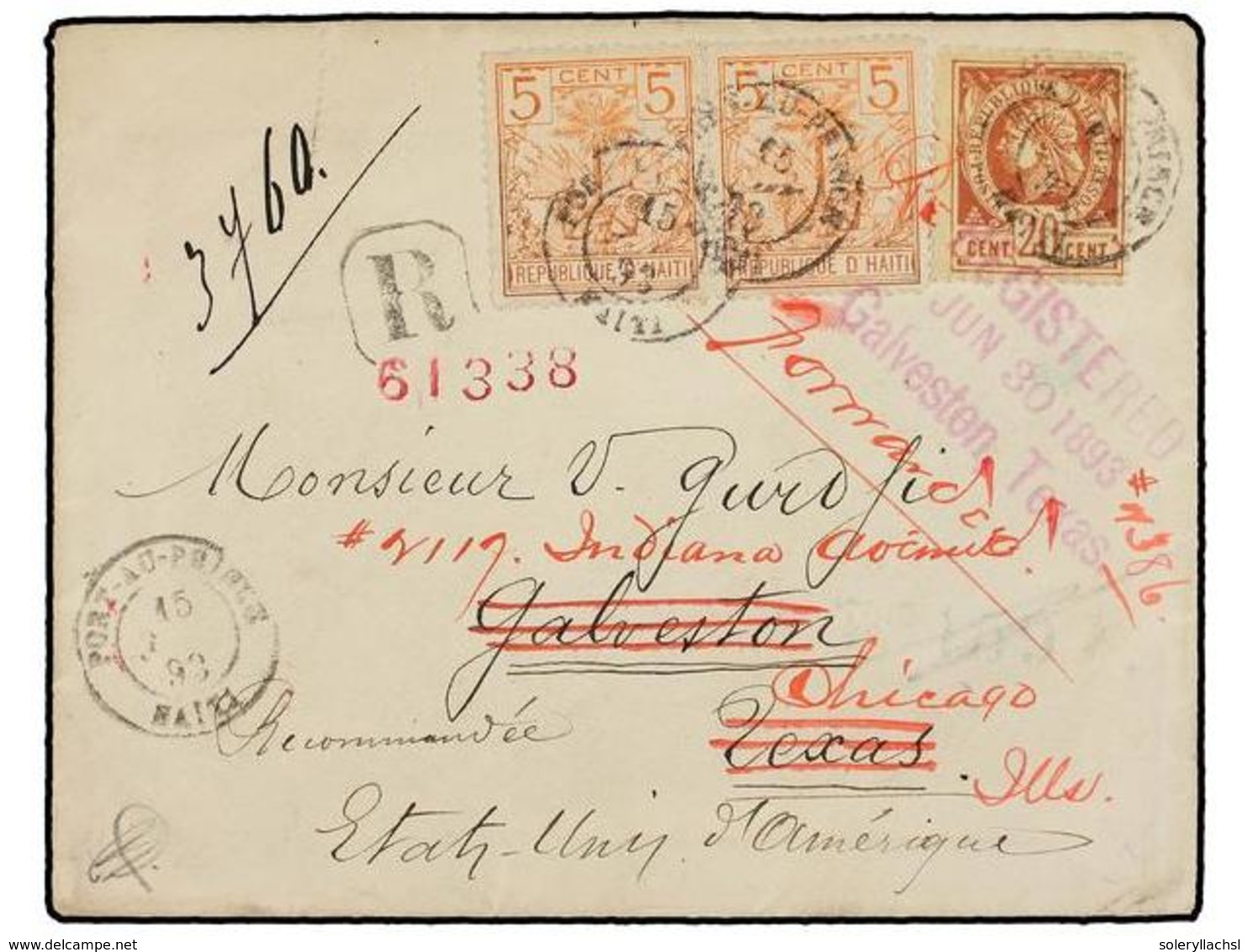 HAITI. Sc.13, 29 (2). 1893. PORT AU PRINCE A TEXAS Y Reexpedida A CHICAGO. 20 Cts. Castaño Claro, Pl. III Y 5 Cts. Naran - Autres & Non Classés