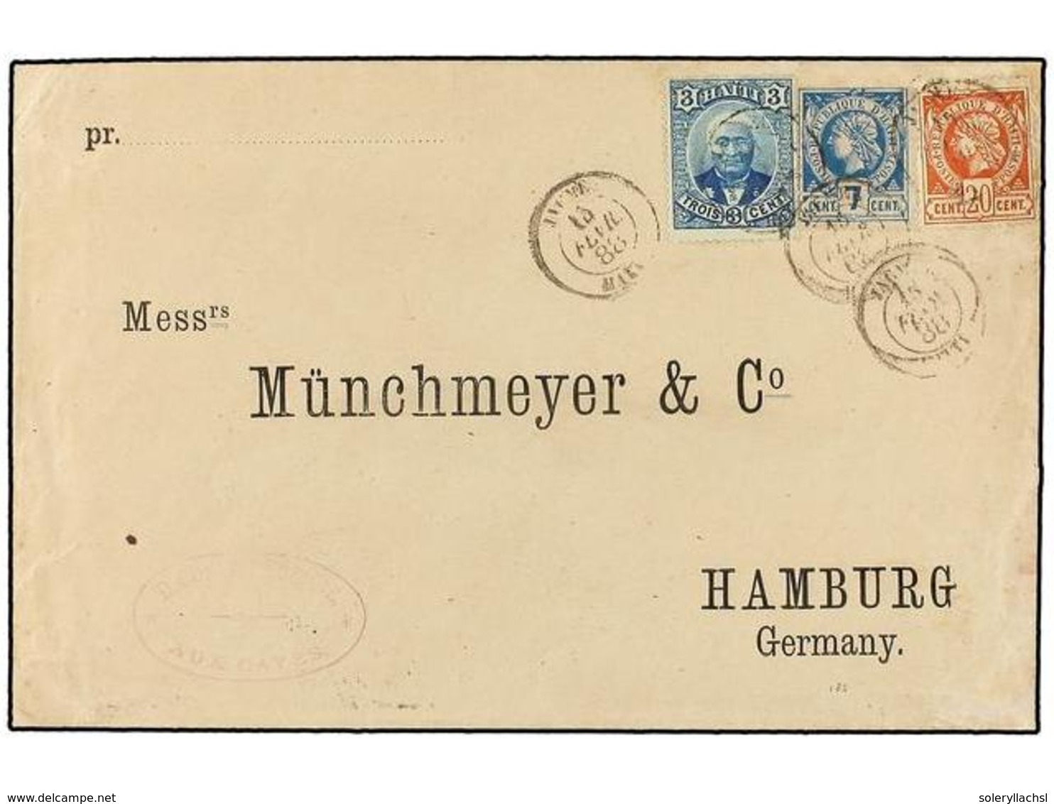 HAITI. Sc.11, 13, 23. 1888. JACMEL A HAMBURGO (Alemania). 7 Cents. Azul,  20 Cts. Castaño Y 3 Cts. Azul De La Emisión De - Other & Unclassified