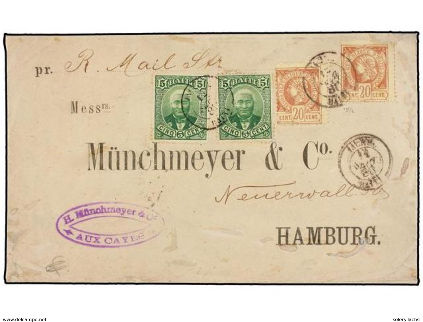 HAITI. Sc.13 (2), 24 (2). 1888. LES CAYES A HAMBURGO (Alemania). 20 Cts. Castaño Claro (2) Y 5 Cts. Verde (2) De La Emis - Other & Unclassified