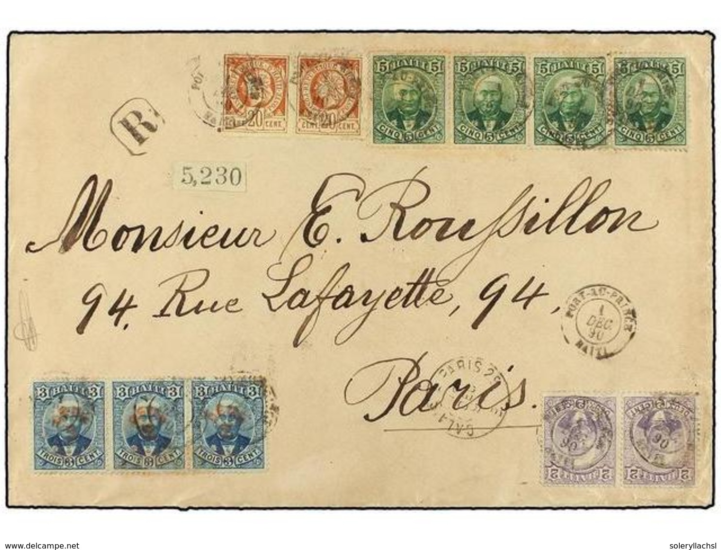 HAITI. Sc.13 (2), 22 (2), 24 (4), 25 (3). 1890. PORT AU PRINCE A PARÍS. Carta Certificada Con Franqueo De 2 Cts. Violeta - Otros & Sin Clasificación