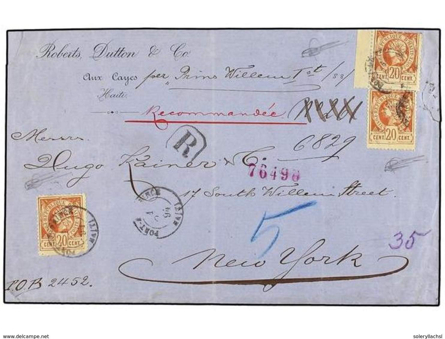 HAITI. Sc.13 (3). 1894. PORT AU PRINCE A NEW YORK. 20 Cts. Castaño Claro (3). Carta Certificada. Raro Franqueo De Cinco  - Other & Unclassified