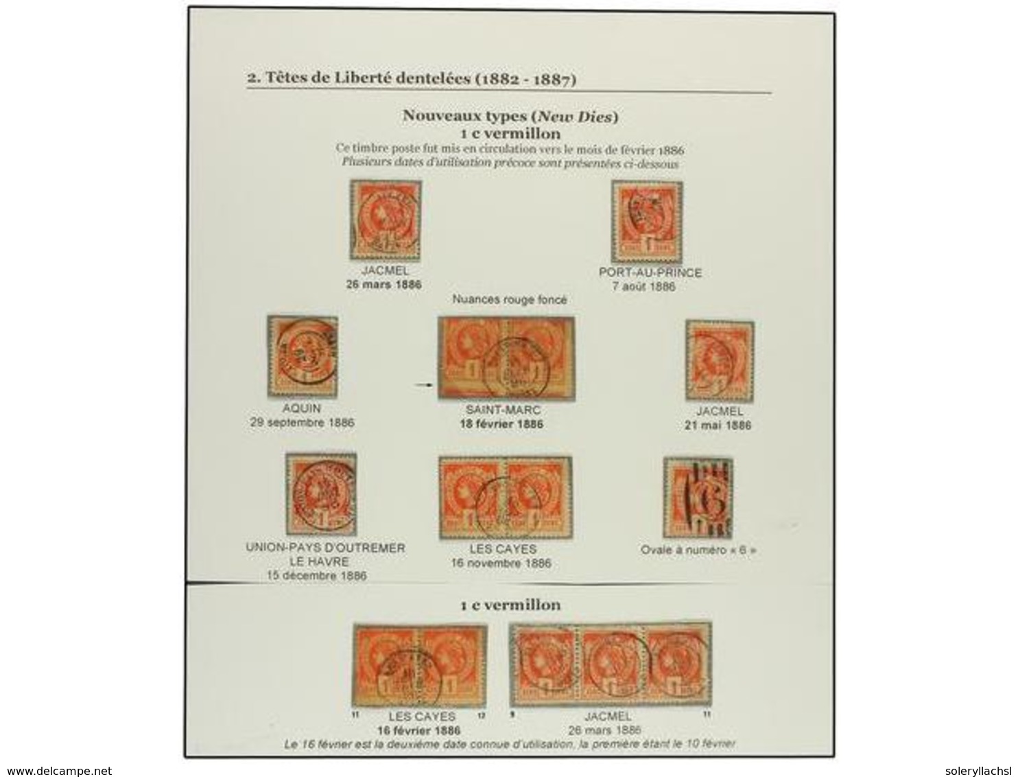 ° HAITI. Sc.18 (15). 1886. 1 Cent. Bermellon, Página De Album Con Seis Sellos, Tres Parejas Y Una Tira De Tres, Algunos  - Other & Unclassified