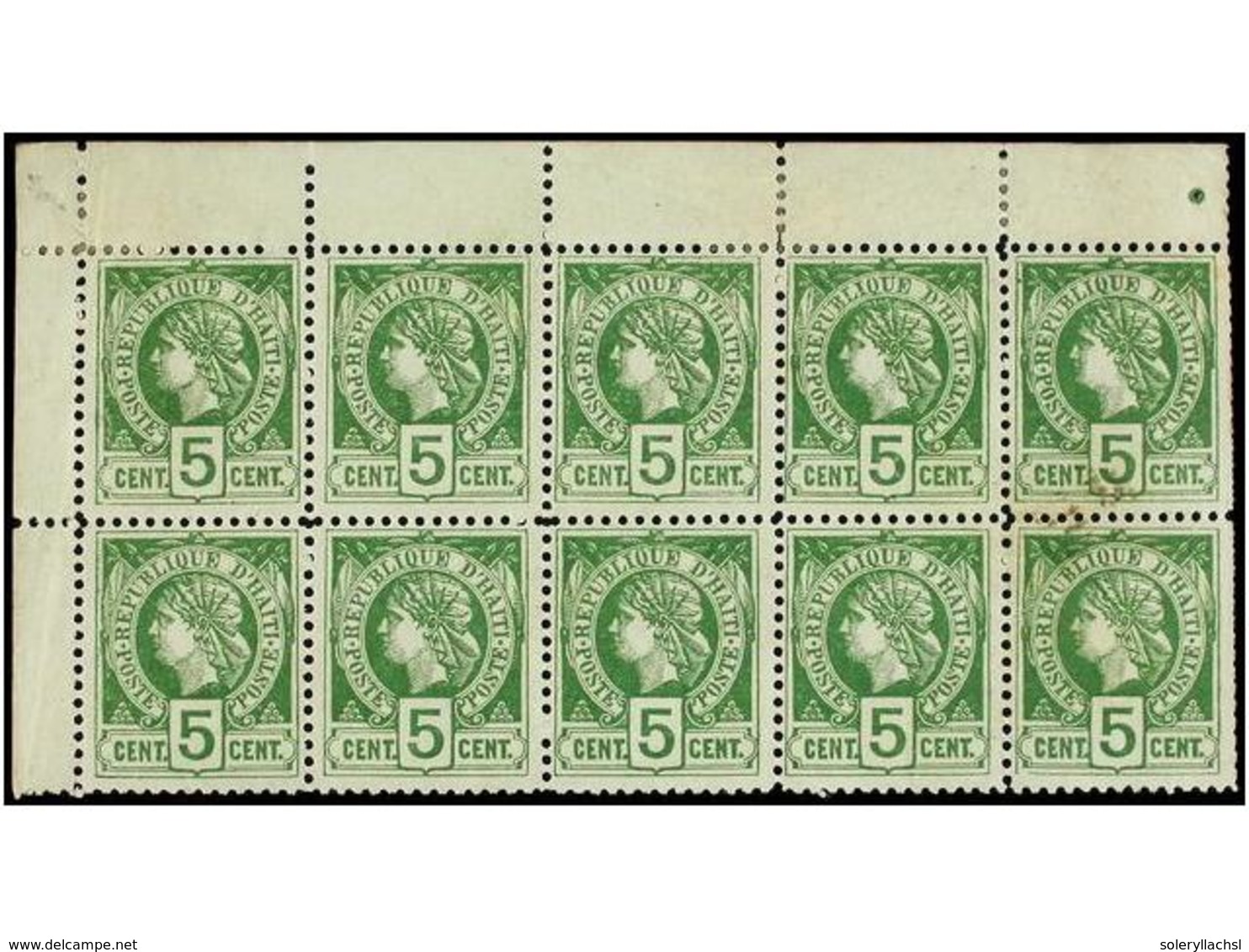 **/* HAITI. Sc.20 (10). 1886. 5 Cent. Verde. Bloque De Diez, Leves Manchas En Dos Sellos Y Margen Derecho, Dientes Recor - Other & Unclassified