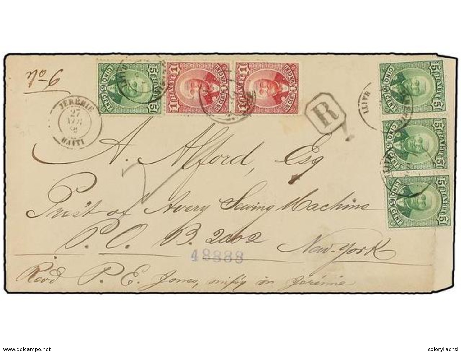 HAITI. Sc.21 (2), 24 (2). 1888. JEREMIE A NEW YORK. Carta Certificada Circulada Con Dos Sellos De 1 Cto. Rojo Y Cuatro S - Autres & Non Classés