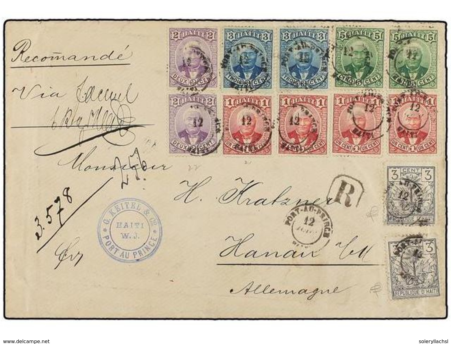 HAITI. Sc.21 (4), 22 (2), 23 (2), 24 (2), 28 (2). 1893. PORT AU PRINCE A ALEMANIA. Carta Certificada Circulada Con 4 Sel - Otros & Sin Clasificación