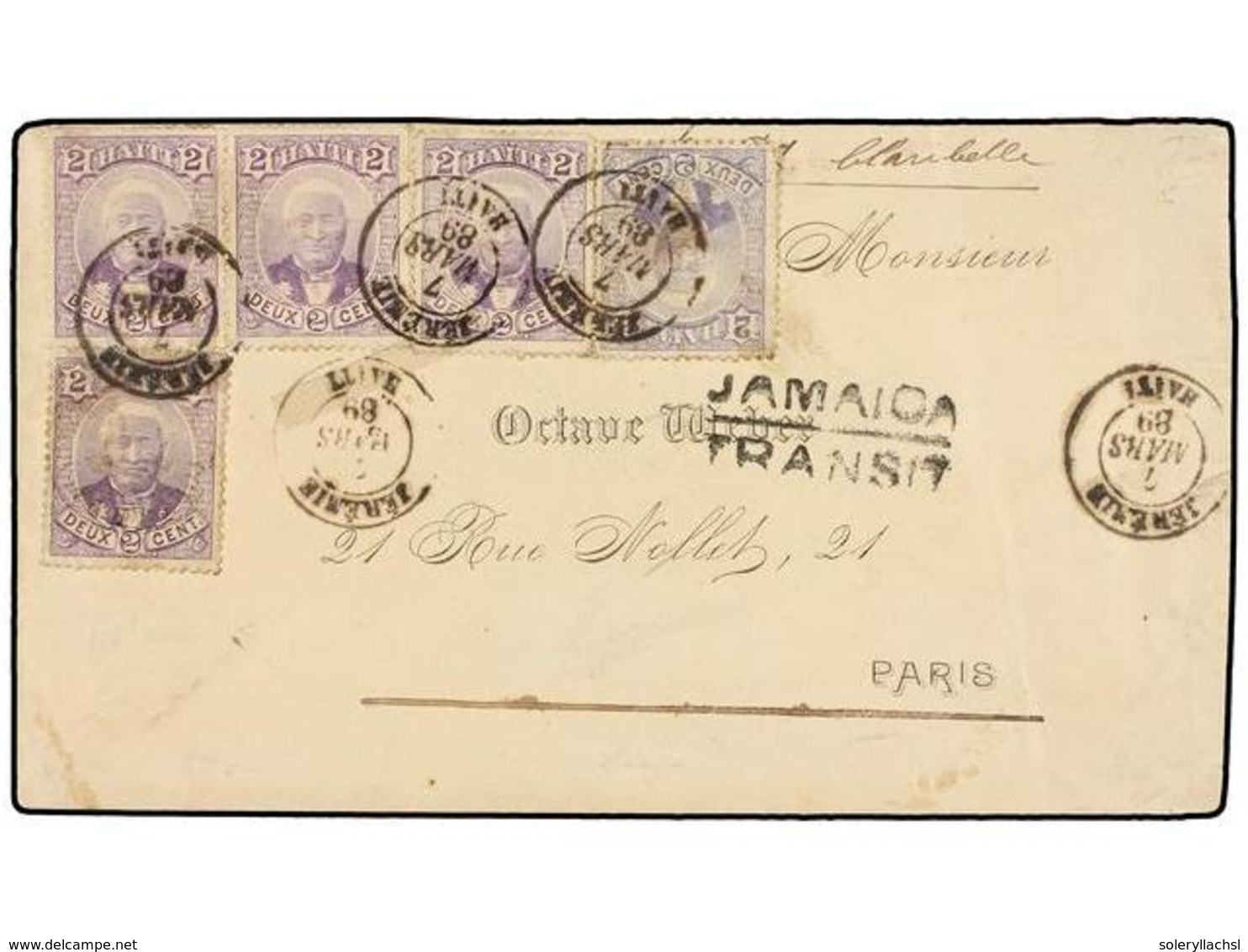 HAITI. Sc.22 (5). 1889. JEREMIE A PARÍS. 2 Cts. Violeta (5) (tira De Tres Y Dos Sellos), Mat. JEREMIE/HAITI Marca JAMAIC - Other & Unclassified