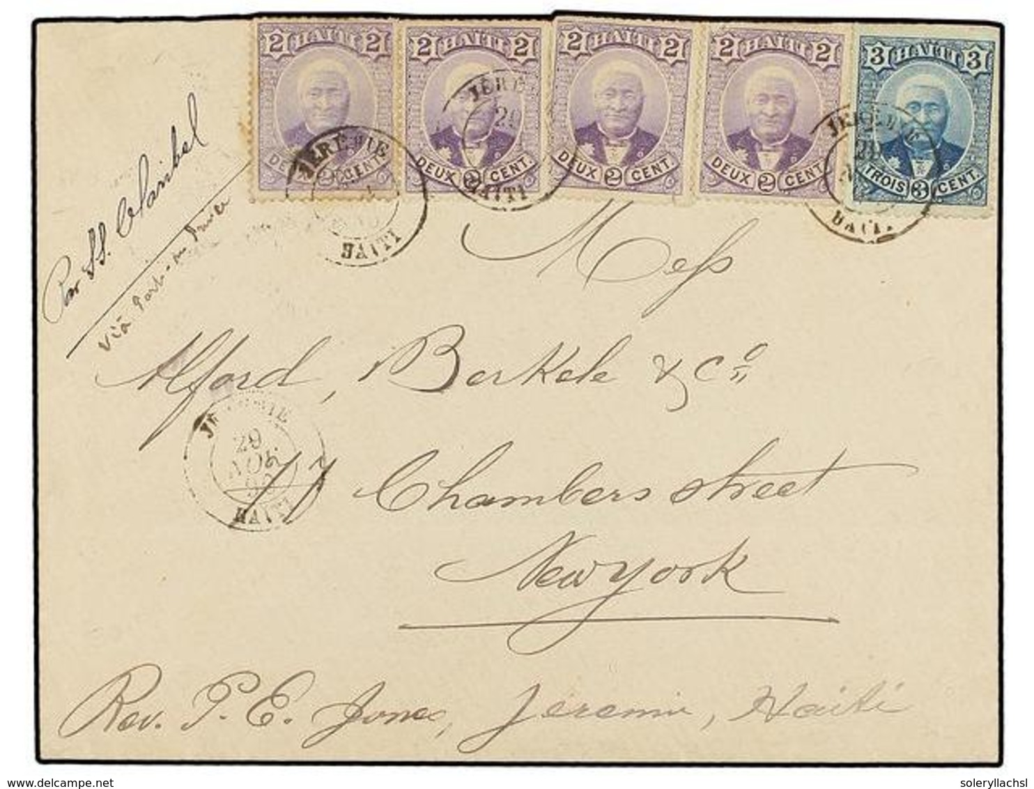 HAITI. Sc.22 (4), 23. 1890. JEREMIE A NEW YORK. 2 Cts. Violeta (4), 3 Cts. Azul, Mat. JEREMIE/HAITI. Carta Sobrefranquea - Autres & Non Classés