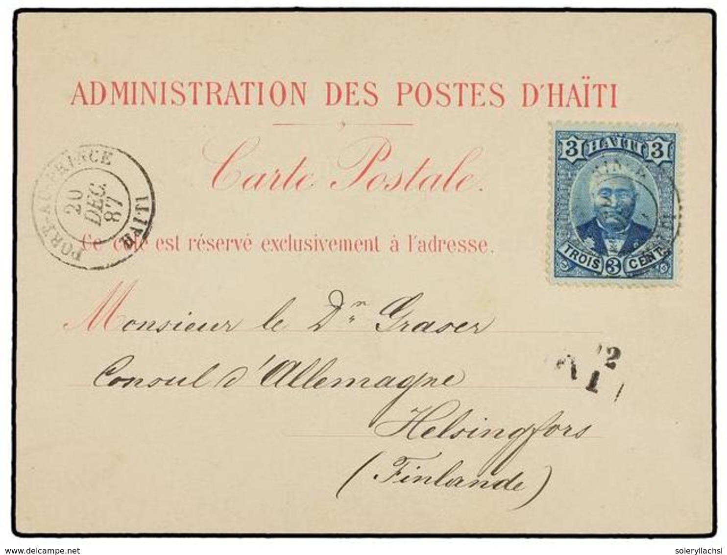 HAITI. Sc.23. 1887 (20 Diciembre). PORT AU PRINCE A HELSINGFORS (Finlandia). Tarjeta Postal (FC 10 De La Clasificación D - Other & Unclassified