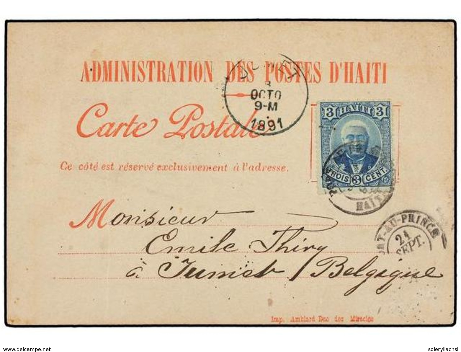 HAITI. Sc.23. 1891. PORT AU PRINCE A BÉLGIA. Tarjeta Postal Oficial Con Franqueo De 3 Cts. Azul. - Otros & Sin Clasificación