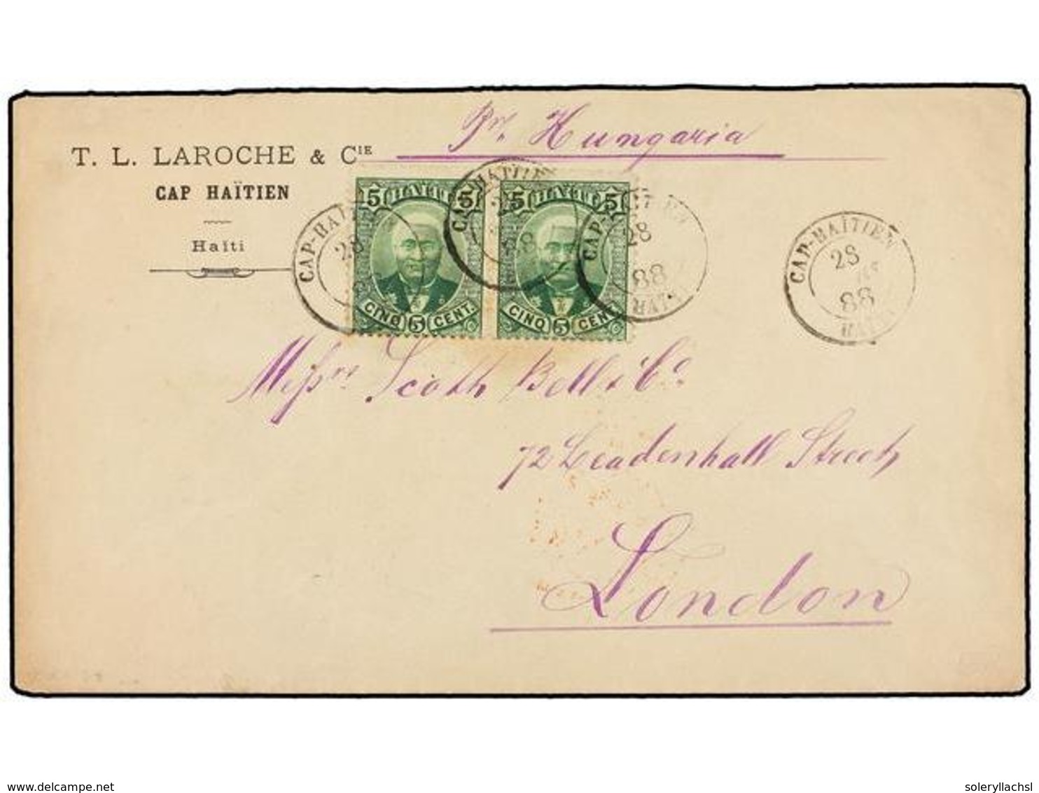 HAITI. Sc.24 (2). 1888. CAP HAITIEN A LONDRES. 5 Cts. Verde (2) Circulada Vía St. Thomas, Llegada Al Dorso. - Other & Unclassified