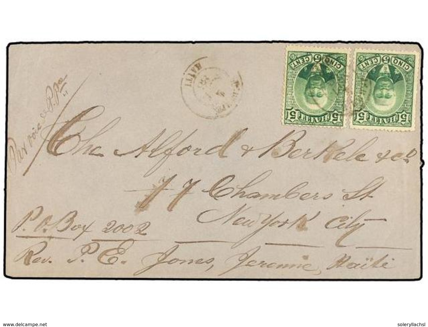 HAITI. Sc.24 (2). 1888. JEREMIE A NEW YORK. 5 Cent. Verde (2), Mat. JEREMIE/HAITI. Manuscrito 'Por Voie P.Pe' (Port Au P - Autres & Non Classés