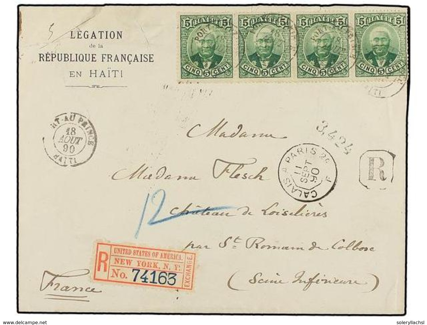 HAITI. Sc.24 (4). 1890. PORT AU PRINCE A FRANCIA. 5 Cts. Verde, Tira De Cuatro. Carta Certificada. Muy Bonita. - Otros & Sin Clasificación