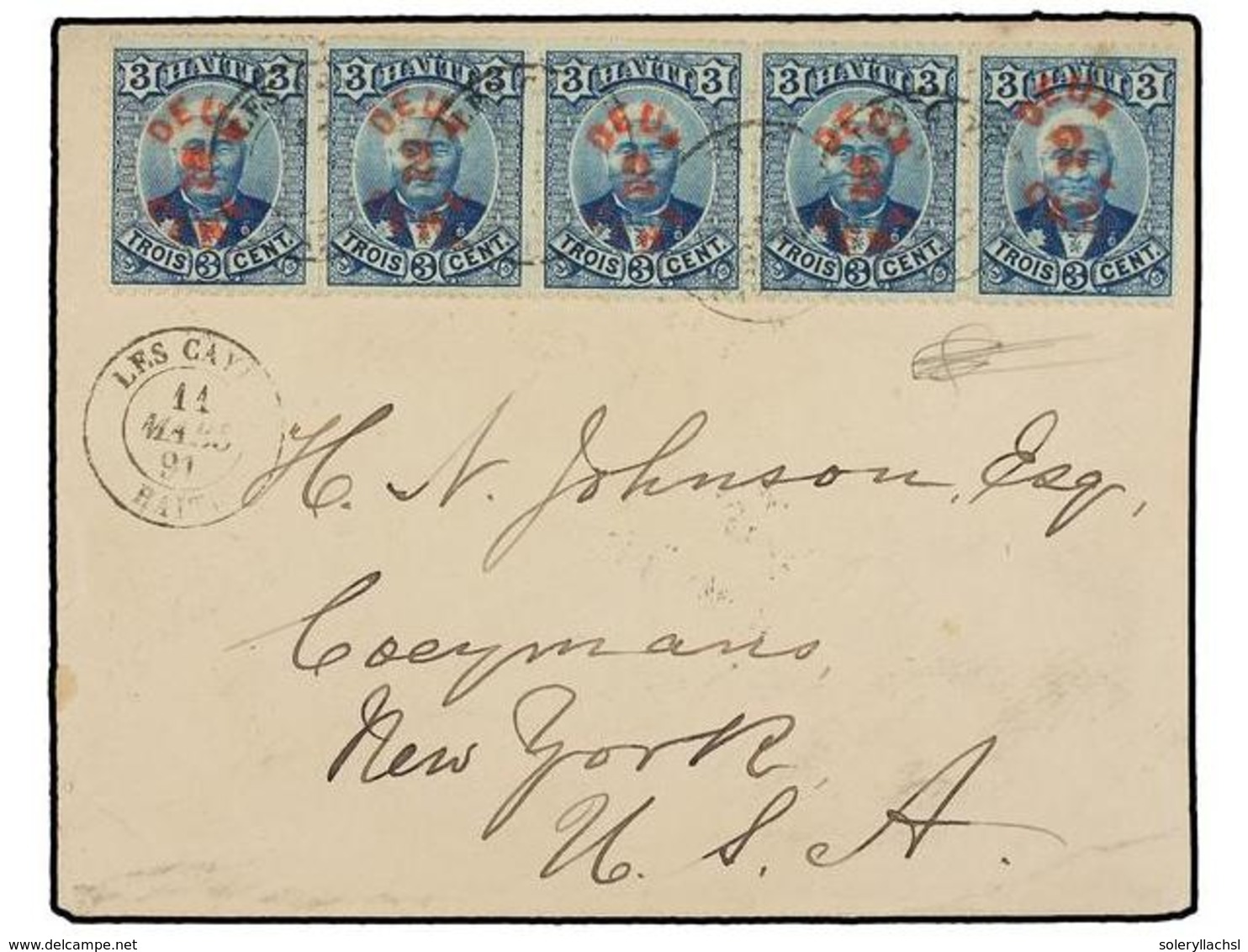 HAITI. Sc.25 (5). 1891. LES CAYES A USA. 2 Cts. S. 3 Cts. Azul, Tira De Cinco, Mat. LES CAYES/HAITI. PRECIOSA. - Otros & Sin Clasificación