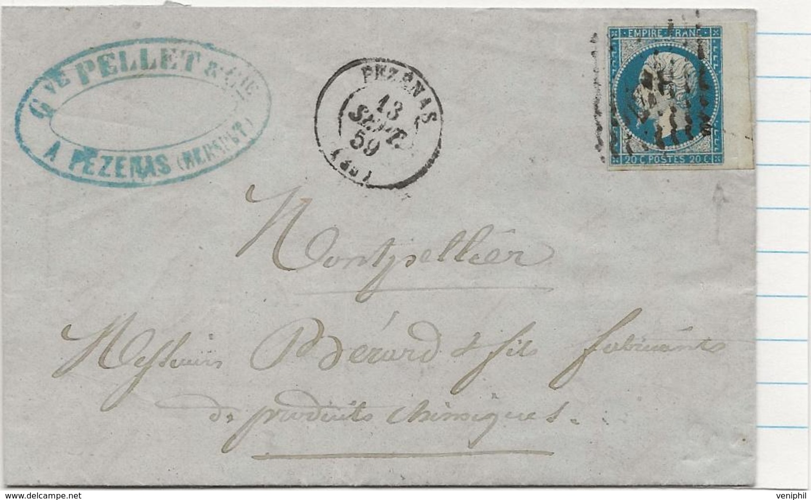 LETTRE AFFRANCHIE N° 14 BORD DE FEUILLE - CAD PEZENAS SEPT 1859 - 1849-1876: Classic Period
