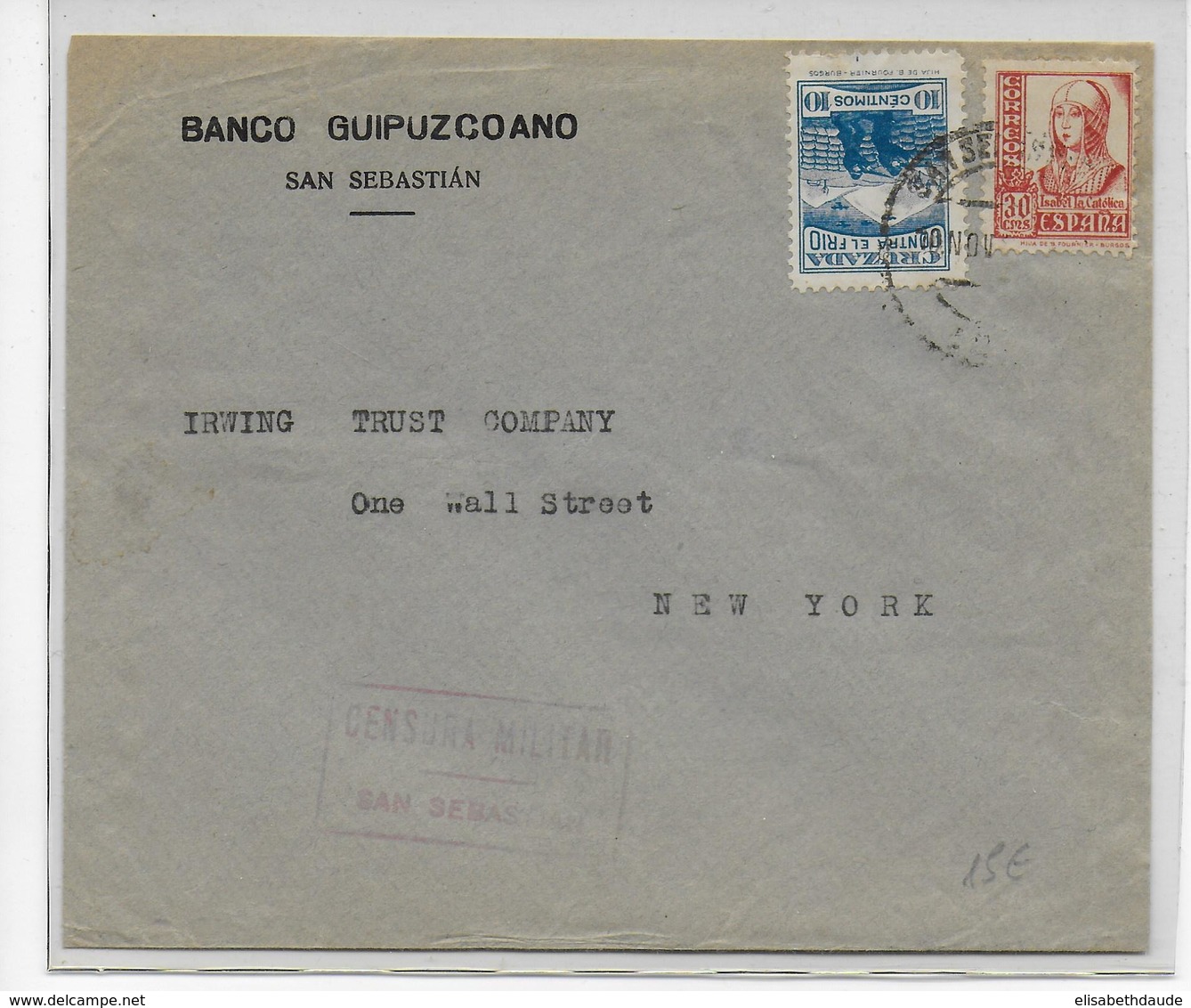 ESPAGNE - 1937 - ENVELOPPE De SAN SEBASTIAN Avec CENSURE + VIGNETTE PATRIOTIQUE => NEW YORK (USA) - Spanish Civil War Labels