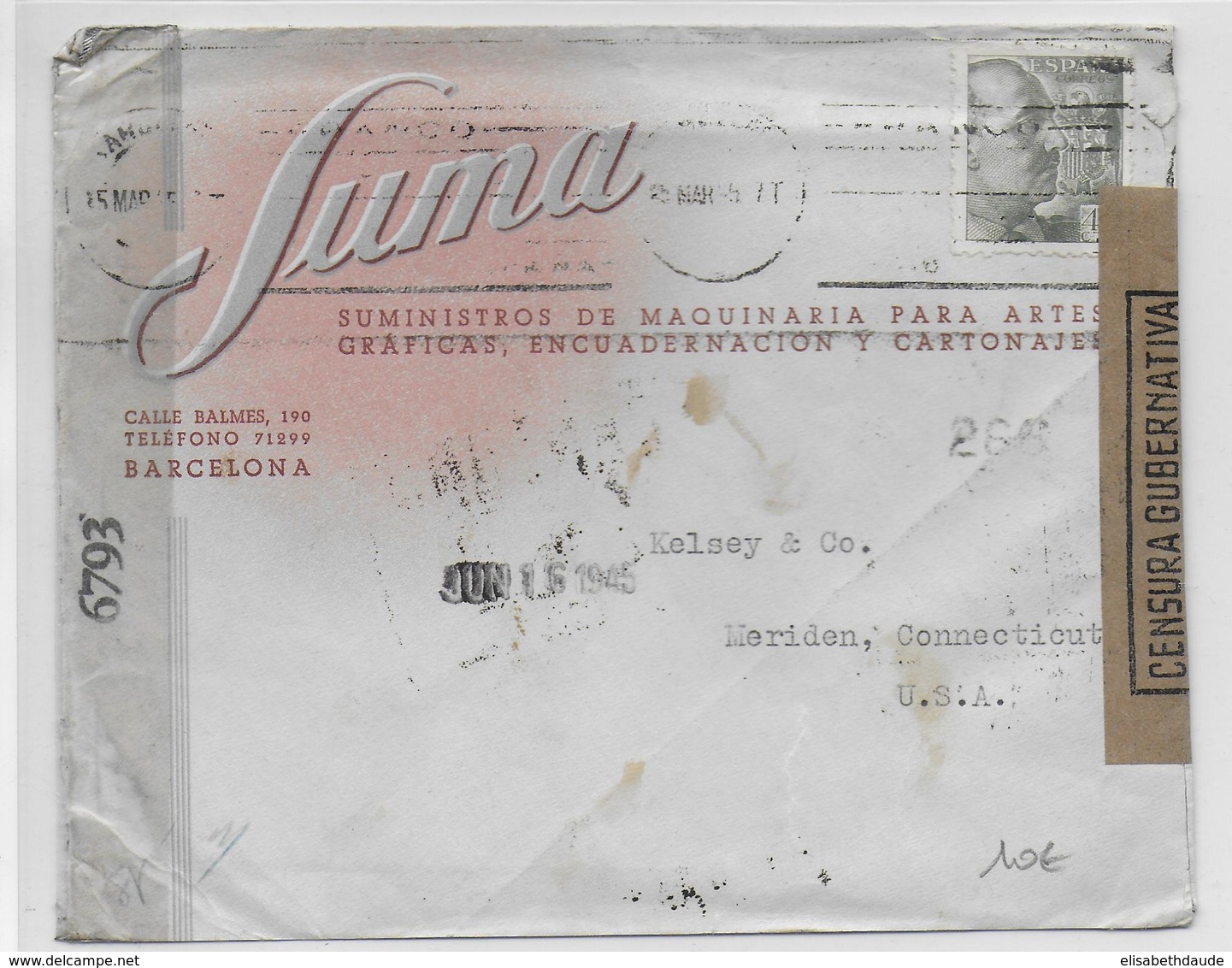 ESPAGNE - 1945 - ENVELOPPE PUB ILLUSTREE De BARCELONA Avec 2 CENSURES  => MERIDEN (USA) - Storia Postale